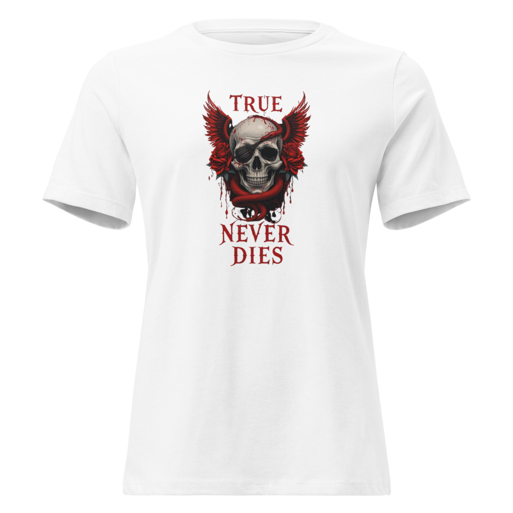 Craneo con alas y una serpiente rojas. TRUE NEVER DIES